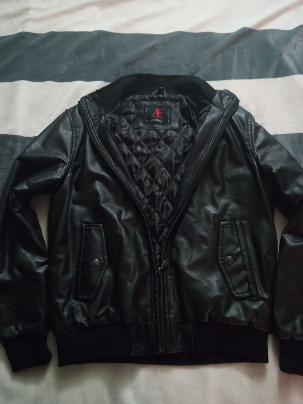 Mens Black Faux Leather Quilted-Lined Bomber Jacket